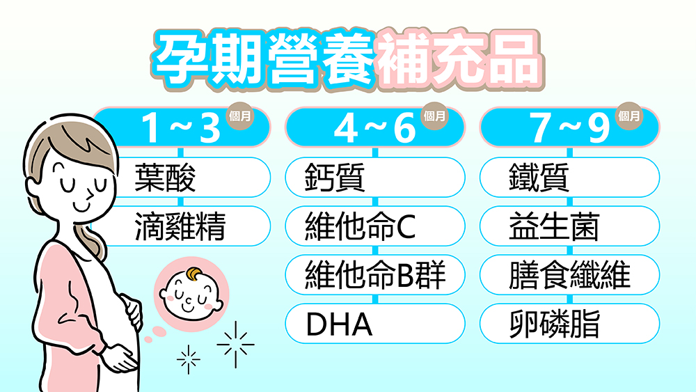 孕期營養補充品與不同孕期重點示意圖